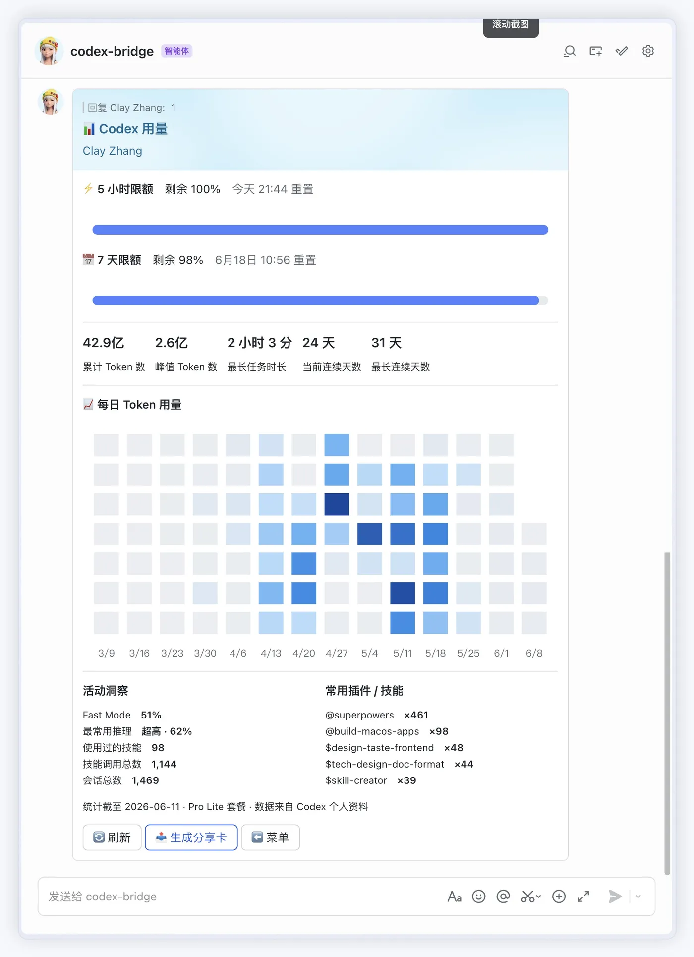 用量、限额、连续天数和热力图都在一张卡里