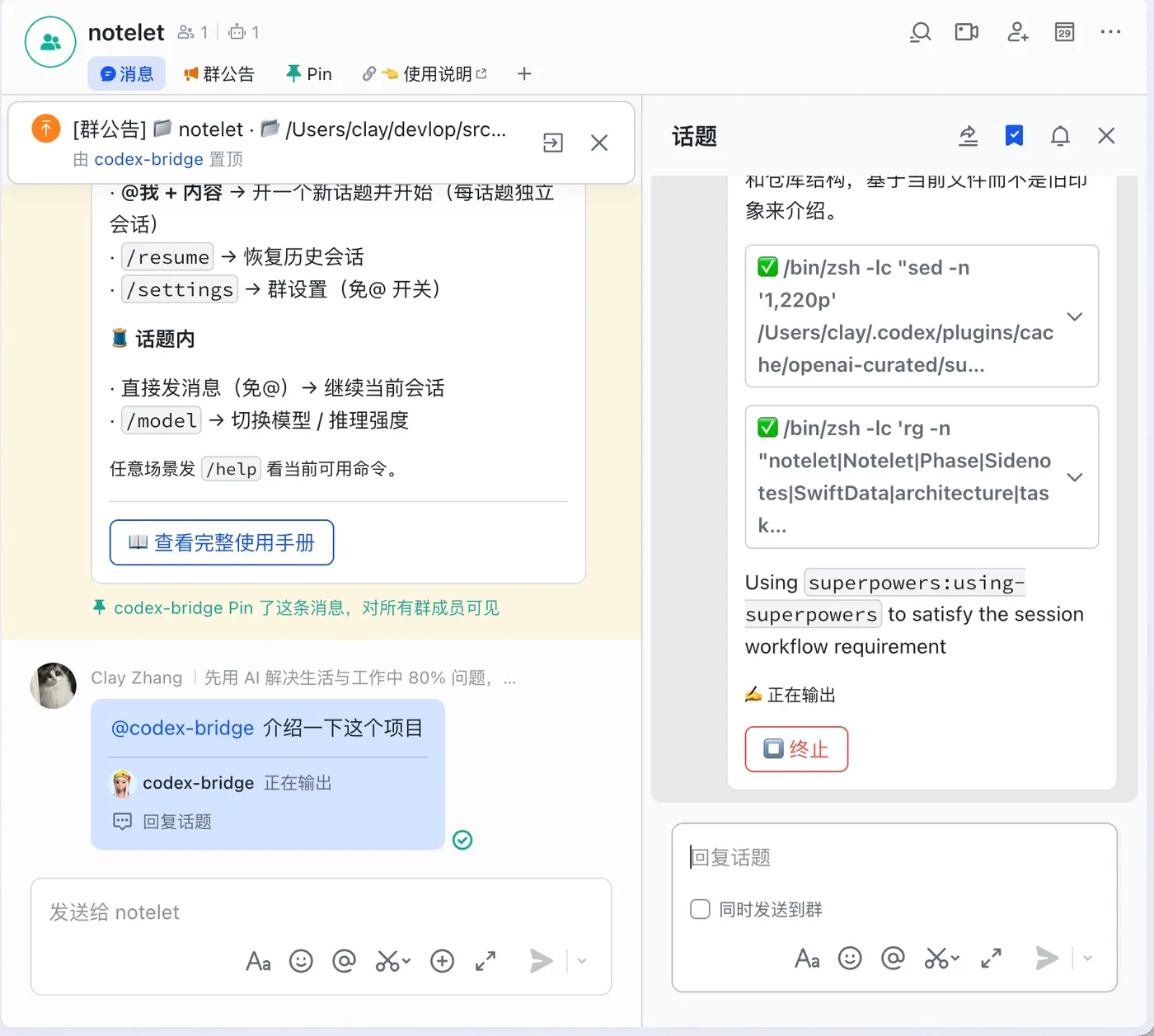 飞书里左边是项目群、右边是话题：一个话题就是一条独立会话